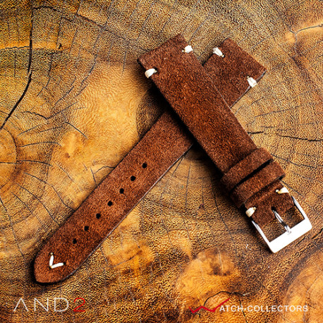 AND2 Wolly Coffee Brown Suede Leather Strap 20mm(White V-Stitching)