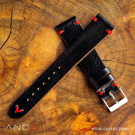 AND2 Laguna Diablo Black Leather Strap 20mm (Red V-Stitching)