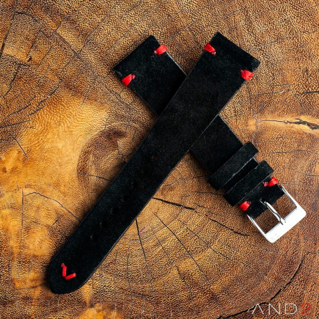 AND2 Wolly Diablo Suede Black Leather Strap 19mm (Red V-stitching) 