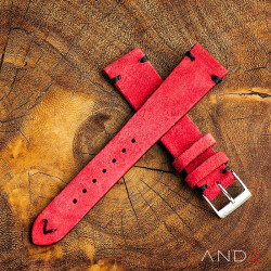 AND2 Wolly Crimson Red Suede Leather Strap 19mm (Black V-stiching)
