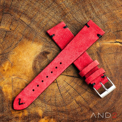 AND2 Wolly Crimson Red Suede Leather Strap 22mm (Black V-stiching)