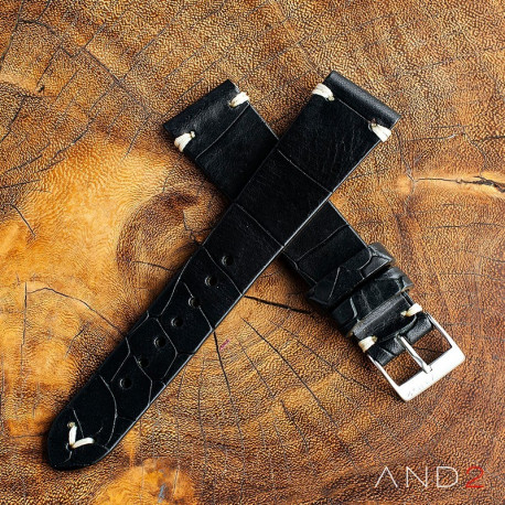 AND2 Croco Black Leather Strap 22mm (White V-Stitching)