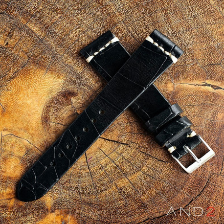 AND2 Vintage Cracked Croco Black Leather Strap 22mm(White Cross Stitching) 