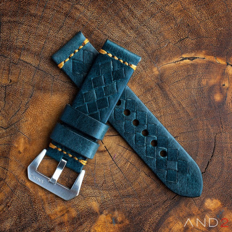 Braided Douglas Blue Leather Strap with Beige Stich 24mm