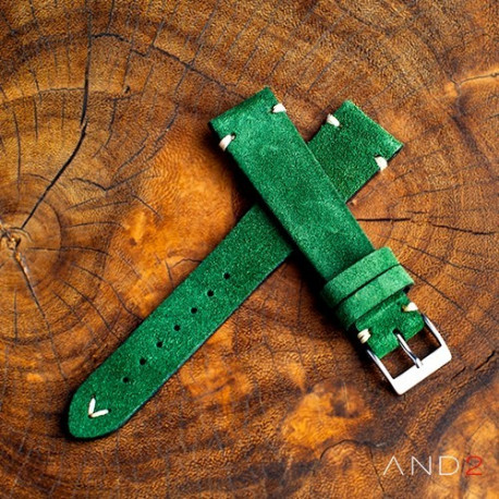 AND2 Wolly Green Forest Suede Leather Strap 19mm (White V-Stitching)