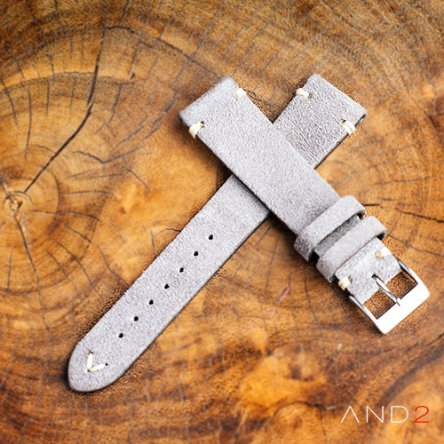 Wolly Sky Grey Suede Leather Strap 19mm White V Stitch Watch Collectors