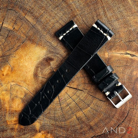 Vintage Cracked Croco Black Leather Strap 20mm(White Cross Stitching)